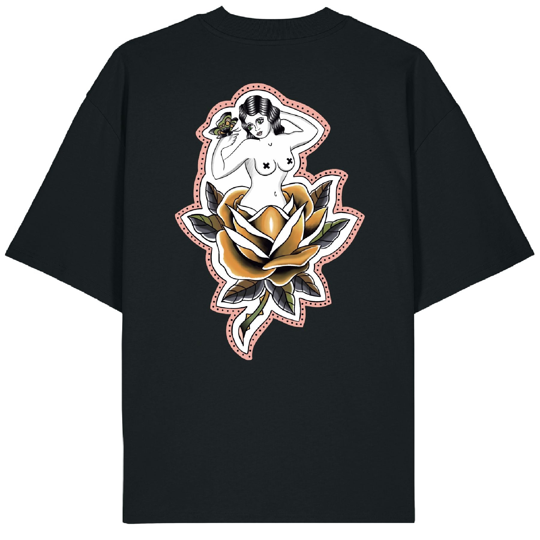 Back of the Softcore Bloom tee showing a pastel traditional rose with a topless woman blooming from it, holding a butterfly. Feminine, vintage-inspired tattoo design with soft pinks and bold linework.