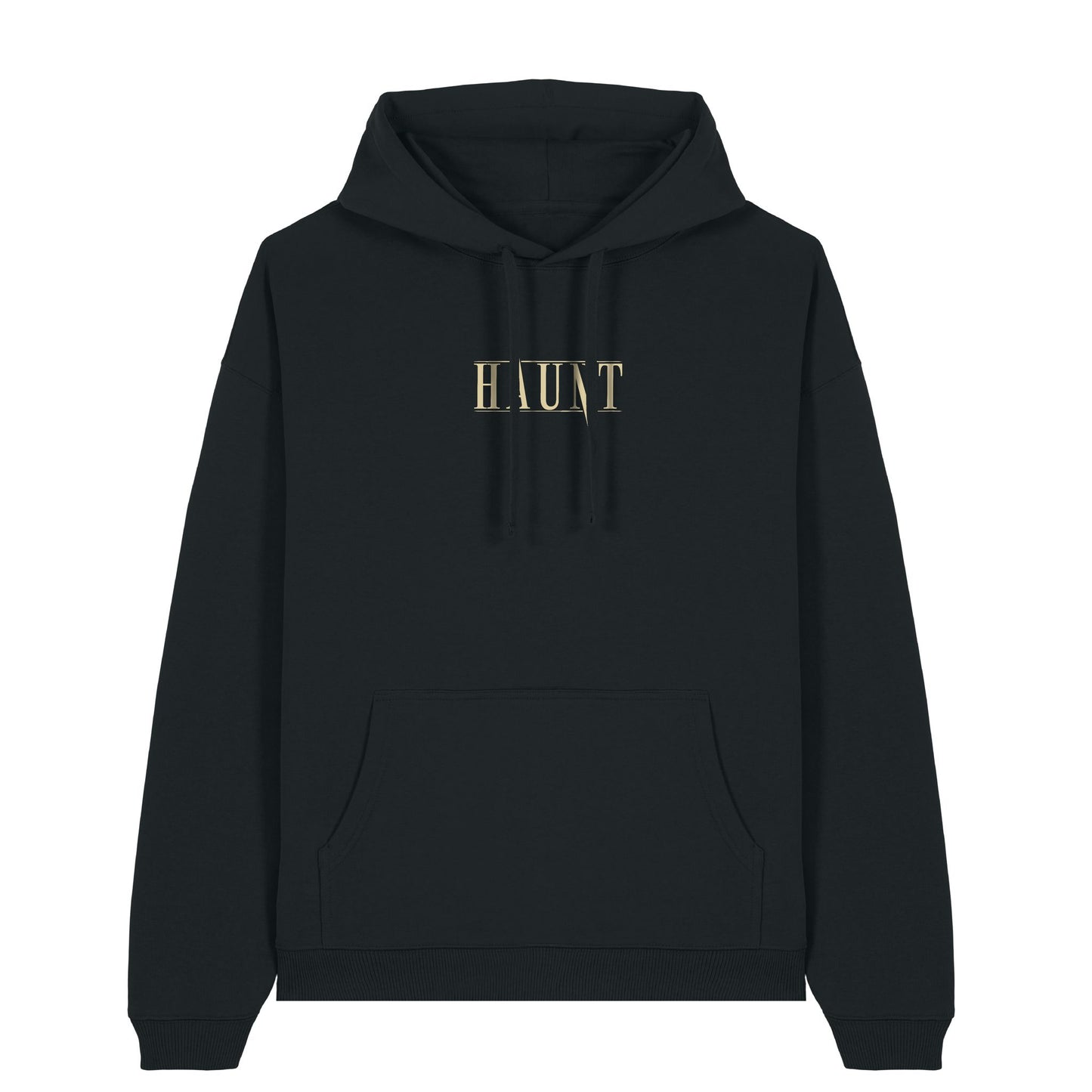 Front of the black Until Death hoodie from Haunt, featuring a gold Haunt logo on the chest. Oversized, heavyweight tattoo-style streetwear.