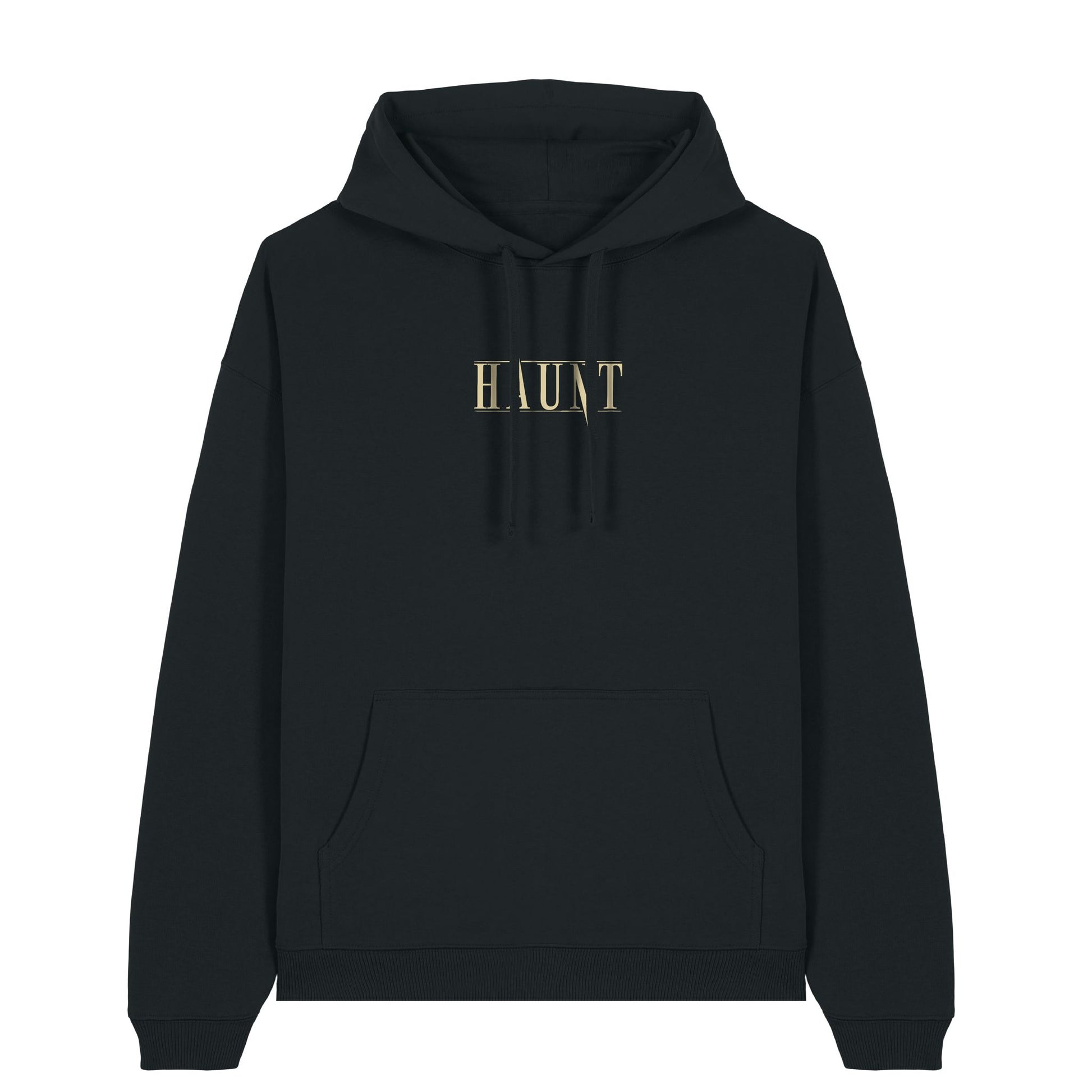 Front of the black Until Death hoodie from Haunt, featuring a gold Haunt logo on the chest. Oversized, heavyweight tattoo-style streetwear.