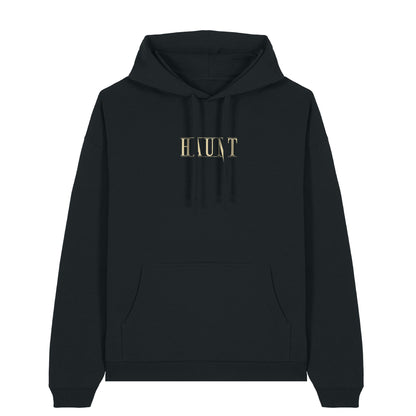 Front of the black Until Death hoodie from Haunt, featuring a gold Haunt logo on the chest. Oversized, heavyweight tattoo-style streetwear.