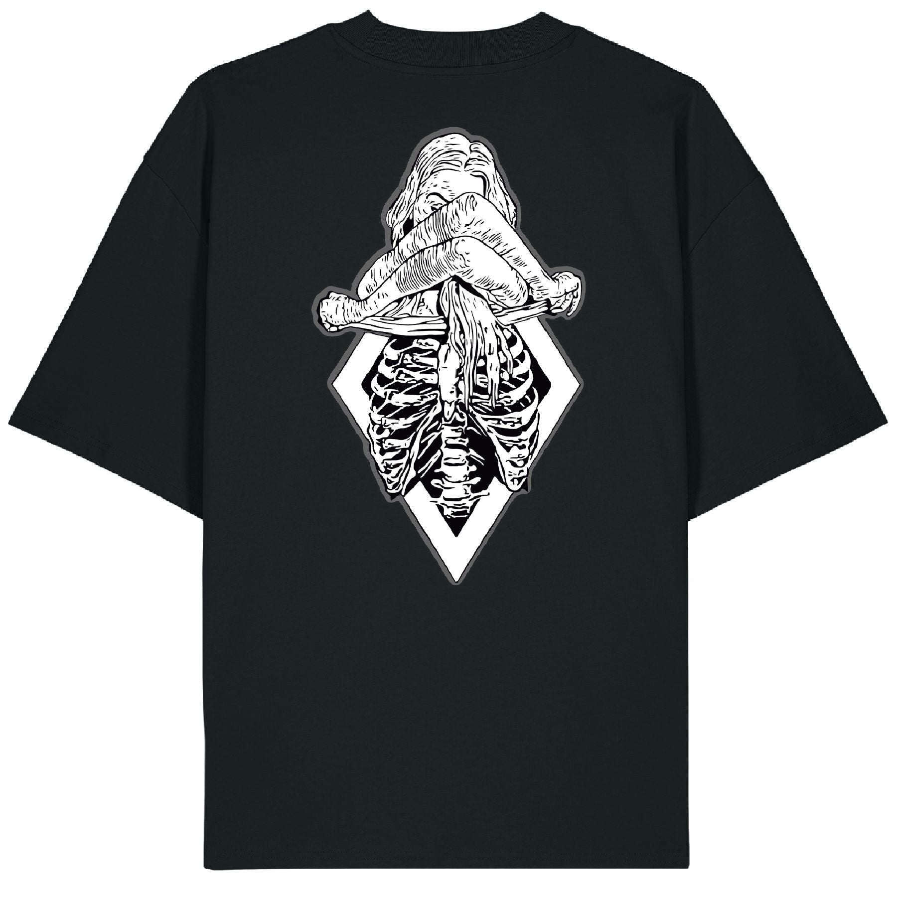 Back of the XXX-Ray black t-shirt displaying a black and white tattoo-style illustration of a topless woman revealing her ribcage in x-ray detail, set against a diamond-shaped frame.