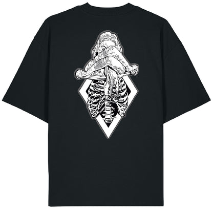 Back of the XXX-Ray black t-shirt displaying a black and white tattoo-style illustration of a topless woman revealing her ribcage in x-ray detail, set against a diamond-shaped frame.